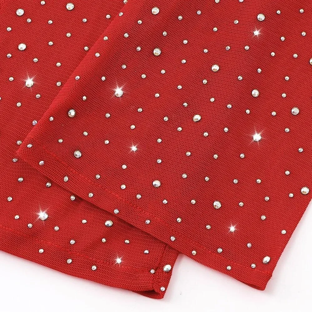 Women's Rhinestone Red Sparkly Elbow Length Mesh Long Gloves Party Accessory